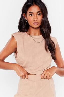 Nasty Gal NWT Taupe Ribbed Padded Shoulders Crop Top - Size Small - Sleeveless